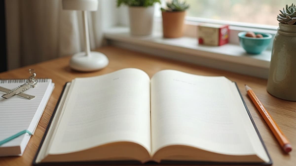 Un bureau en bois avec un livre ouvert, un cahier, une règle, un crayon et une petite lampe de lecture