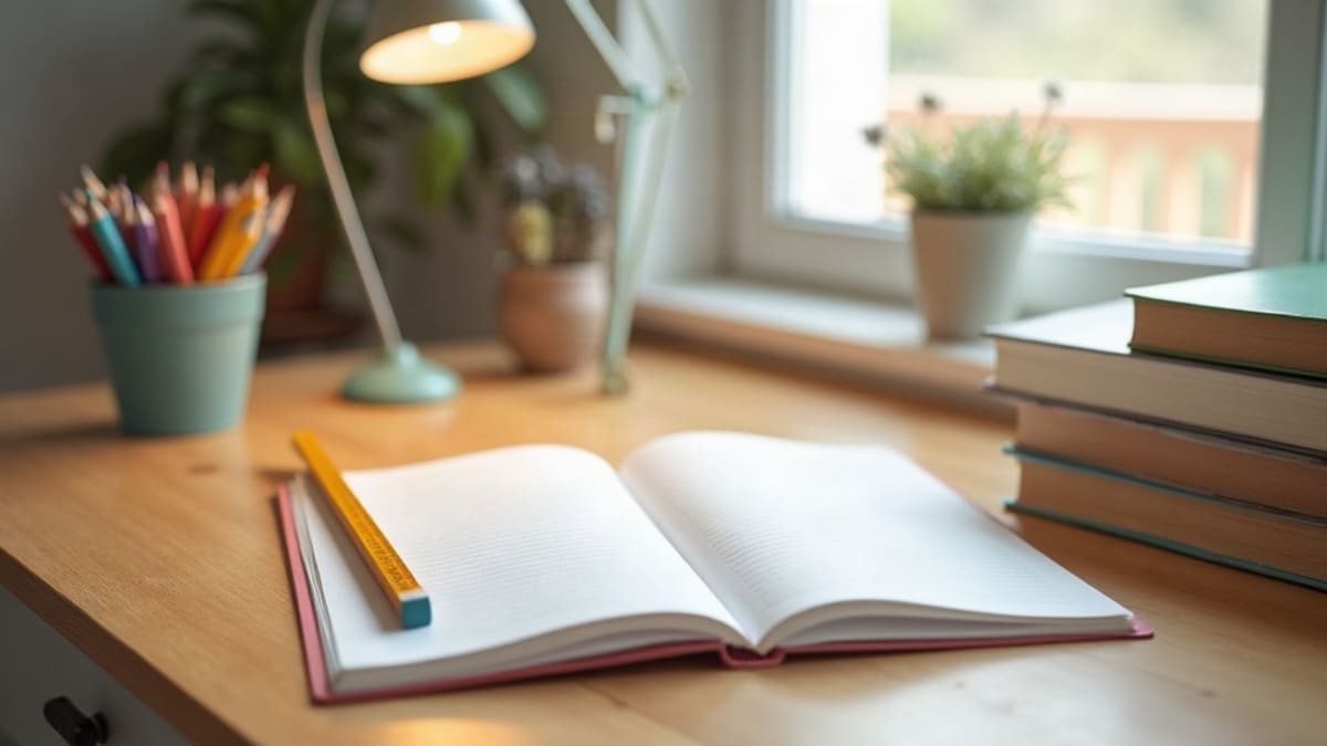Bureau en bois avec un cahier ouvert, une règle, des crayons de couleur, une lampe et une pile de livres pour enfants