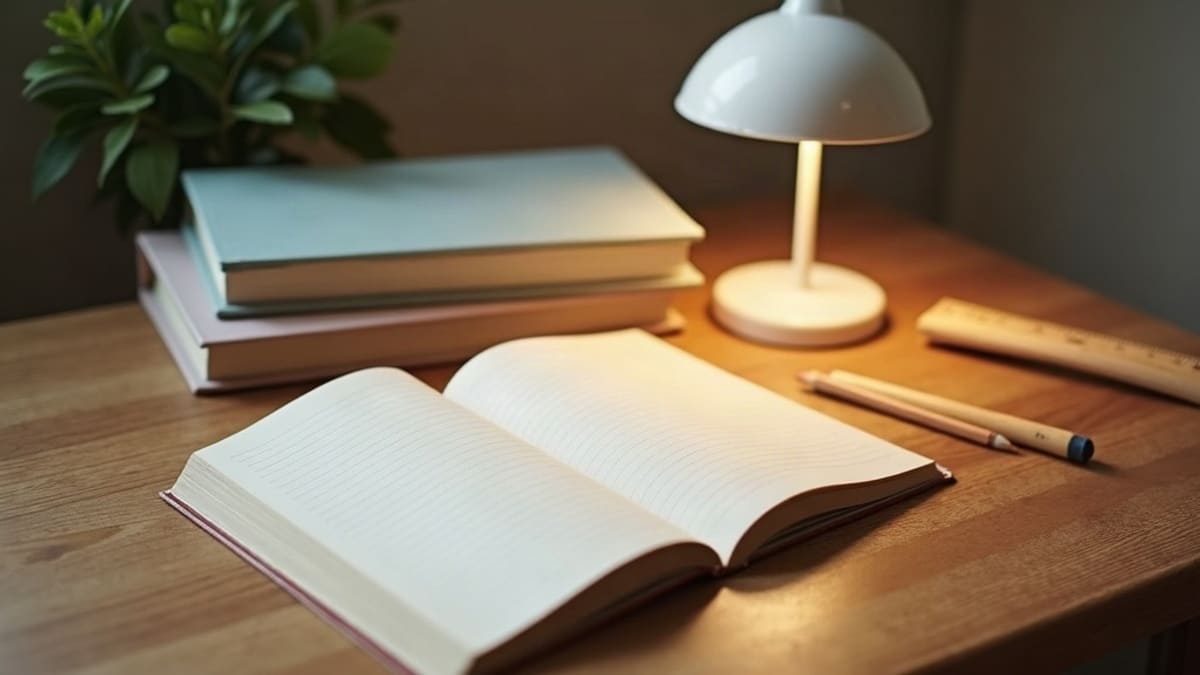 Un bureau en bois avec un cahier ouvert, des livres, une règle, un crayon et une petite lampe de lecture