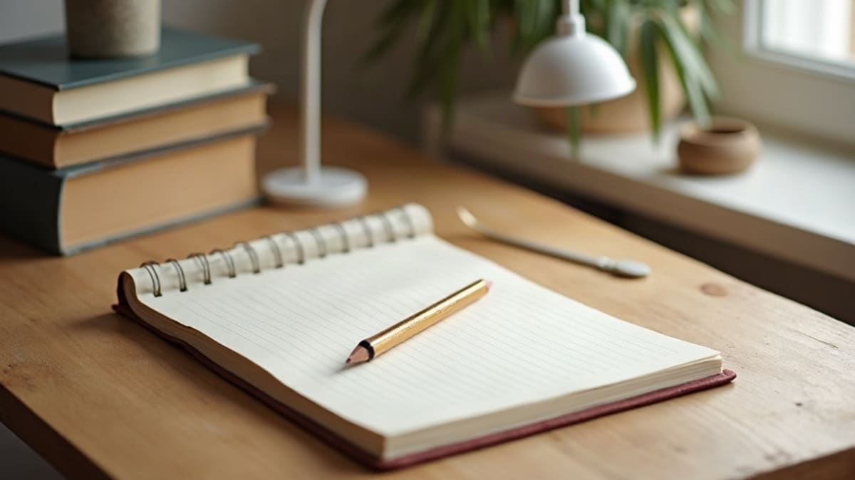 Un bureau en bois avec un cahier ouvert, une règle, un crayon, une pile de livres et une petite lampe de lecture