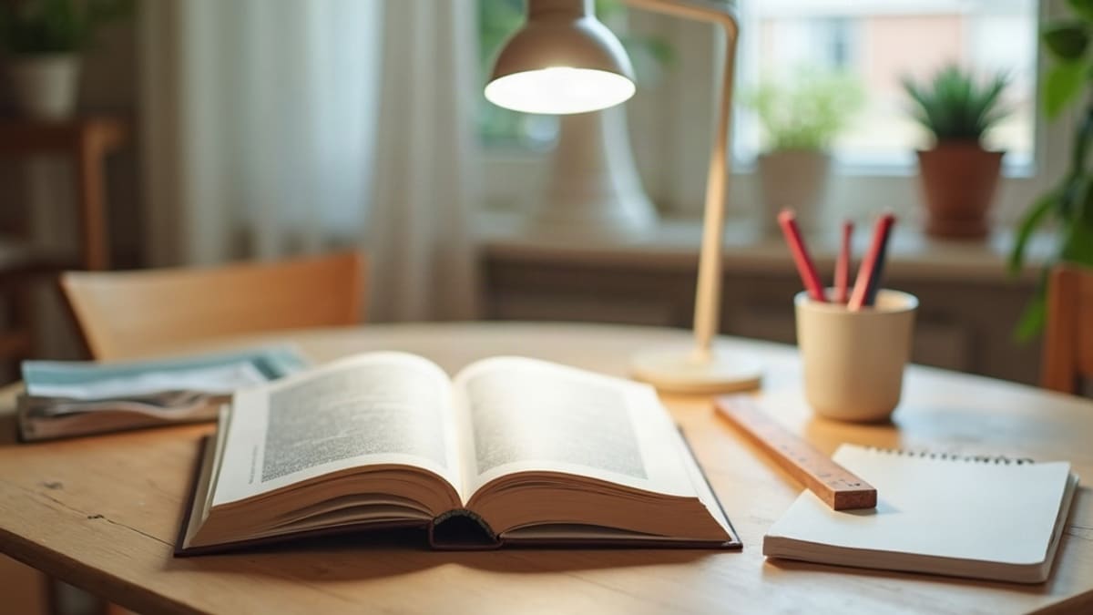 Livres d’images, cahier, règle et lampe de bureau posés sur une table en bois