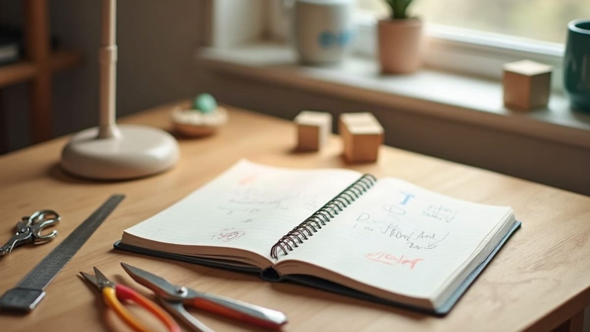 Bureau en bois avec un cahier, une règle, un compas, des ciseaux d’enfant, des cubes de construction et une lampe