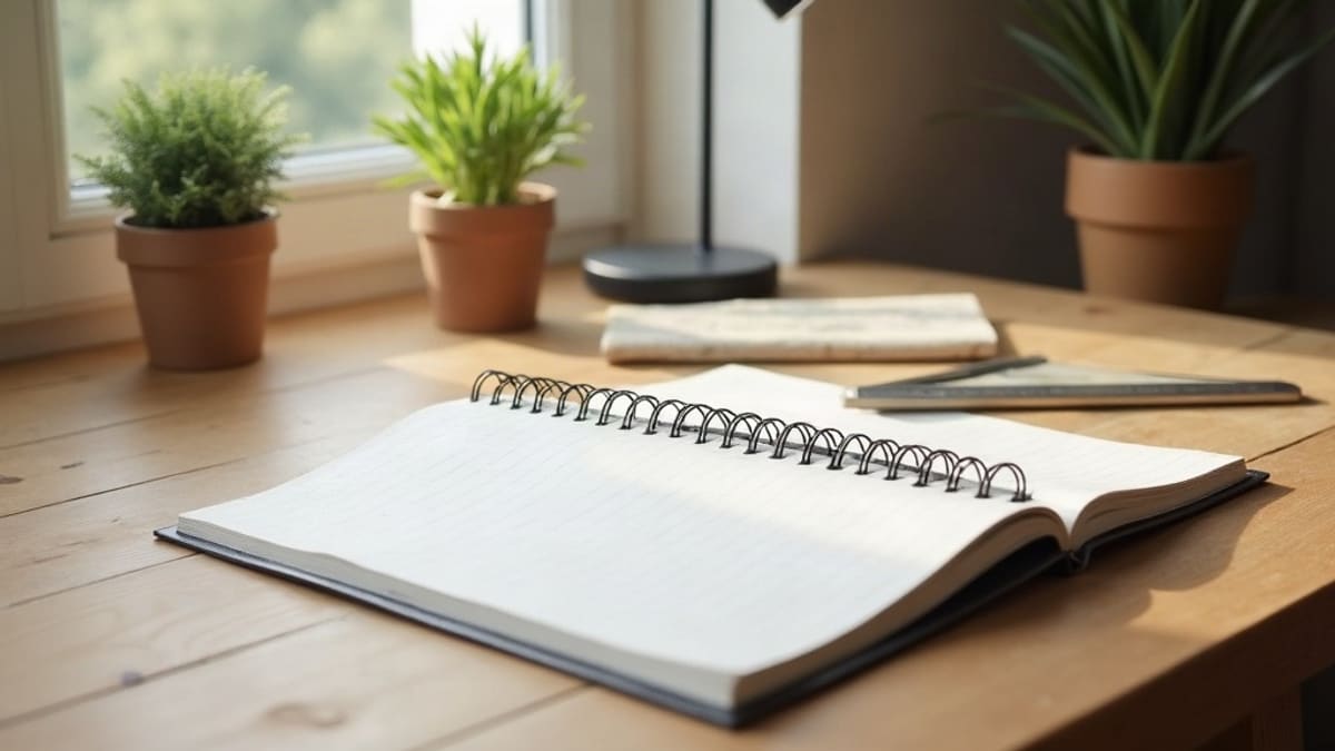 Cahier à grands carreaux ouvert, règle, rapporteur et carte pliée posés sur un bureau éclairé par une lampe