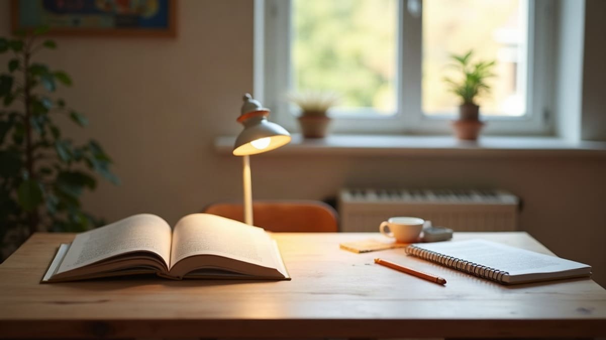 Bureau en bois avec des livres d’enfant ouverts, un cahier, une règle et une lampe de lecture allumée