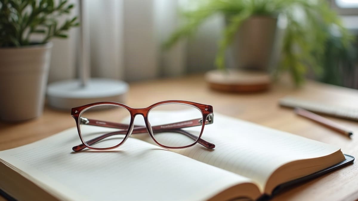 Une paire de lunettes posée sur un cahier ouvert, à côté d’une règle, d’un crayon et d’une lampe de bureau