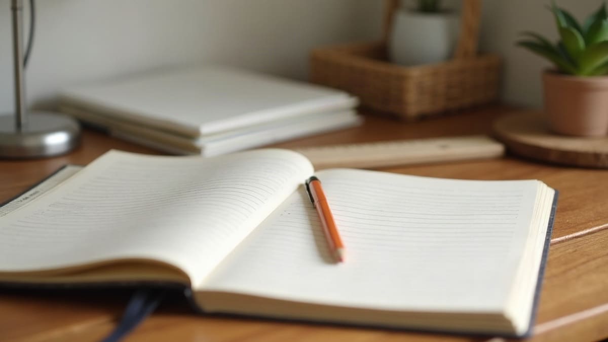Cahier ouvert, règle, crayon et lampe de bureau posés sur une table en bois