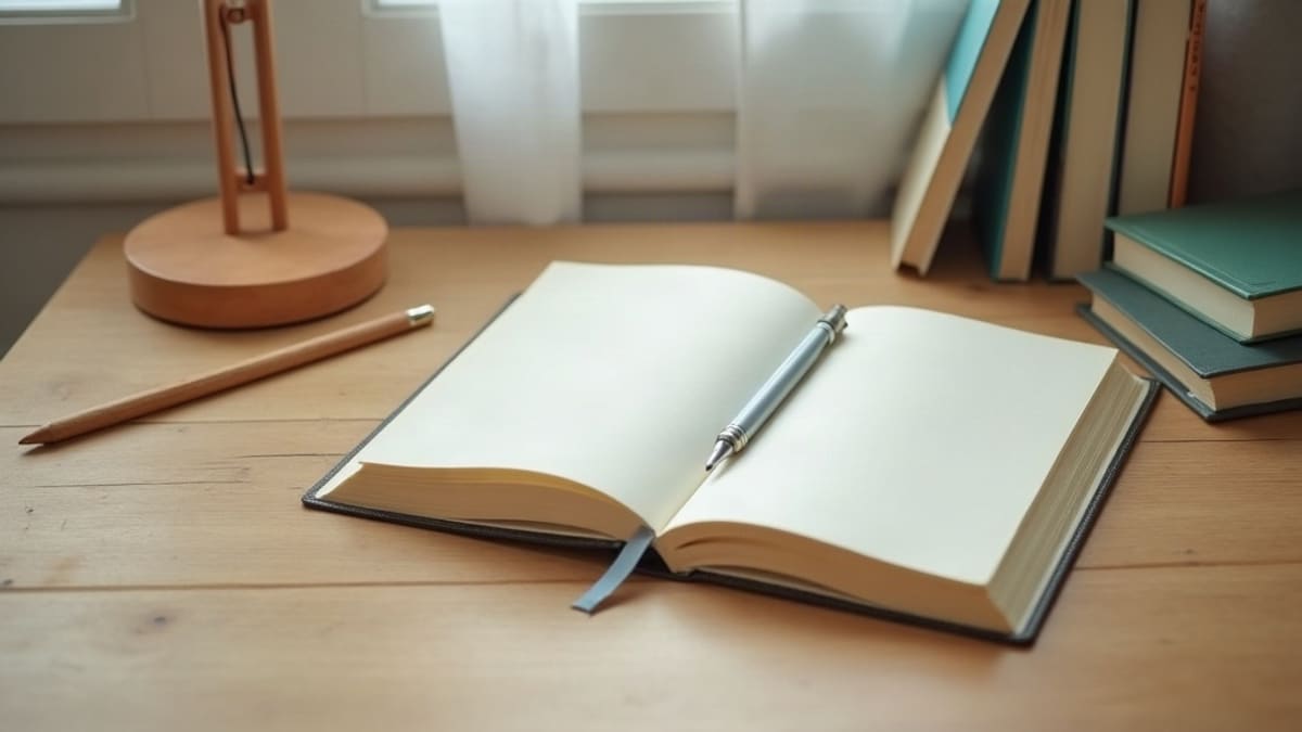 Un bureau en bois avec un cahier ouvert, une règle, un crayon, une lampe et une pile de livres illustrés
