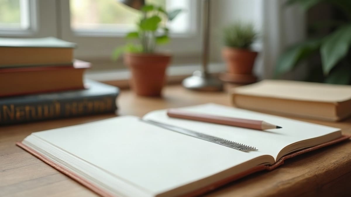 Un bureau en bois avec un cahier ouvert, un crayon, une règle, une lampe et une pile de livres