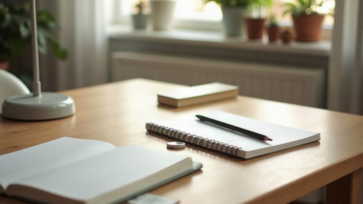 Cahiers ouverts, règle, crayon et lampe de bureau posés sur une table en bois