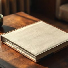 Album jeunesse ferme et tasse sur une table basse en bois