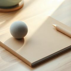 Balle en mousse grise posee sur un cahier ferme, sur un bureau clair
