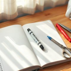 Bureau d enfant avec un cahier ouvert, un feutre et des ciseaux
