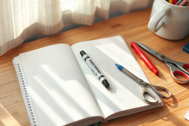 Bureau d enfant avec un cahier ouvert, un feutre et des ciseaux