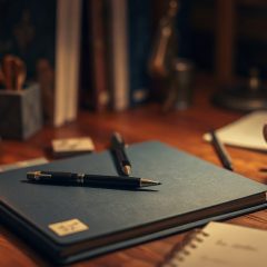 Cahier ferme et stylos sur un bureau eclaire par une lampe
