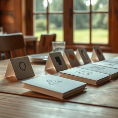 Cartes a pictogrammes posees debout sur une table en bois