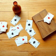 Cartes a jouer etalees et des sur une table en bois, vues du dessus