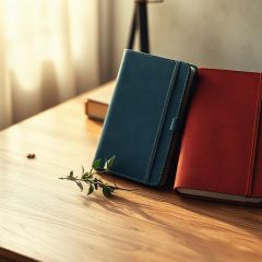 Deux carnets fermes, l un bleu et l autre rouge, poses sur un bureau