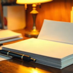 Pile de fiches cartonnees vierges et un stylo sous une lampe de bureau