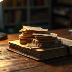 Pile de fiches cartonnees sur un dictionnaire ouvert, sous une lampe