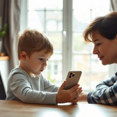 Parent et enfant devant un iPhone