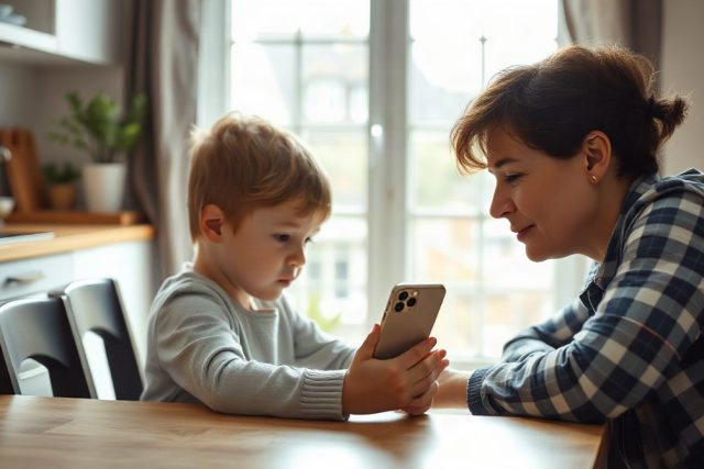 Parent et enfant devant un iPhone