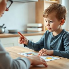 Enfant montrant du doigt des images sur une table de cuisine