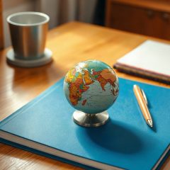 Petit globe terrestre pose sur un cahier bleu ferme, sur un bureau
