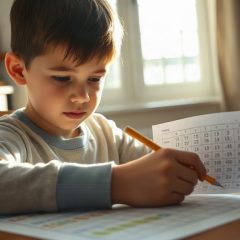 Enfant écrivant au crayon sur une table de multiplication