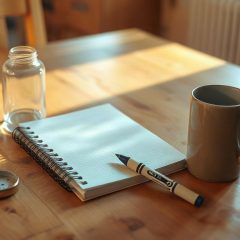 Carnet a spirale vierge, stylo et mug sur une table de cuisine en bois