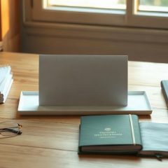 Bureau clair avec un tableau blanc vierge, des carnets et une tasse